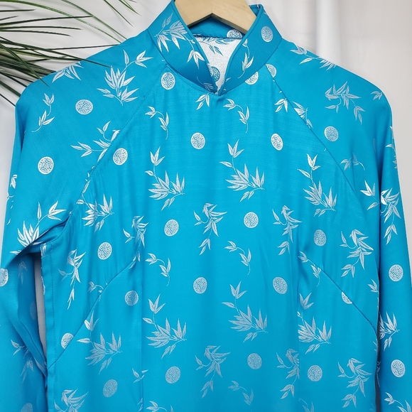 Aqua Blue and Silver Floral Cheongasm Maxi Long Sleeve Dress - Picture 4 of 15